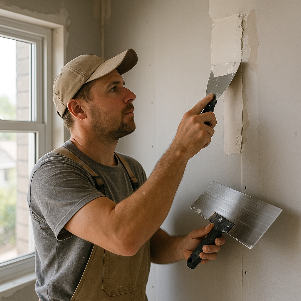 I need an image of a man putting fixing drywall in a house near a window. Do not add any text to the image, make it a realistic image
